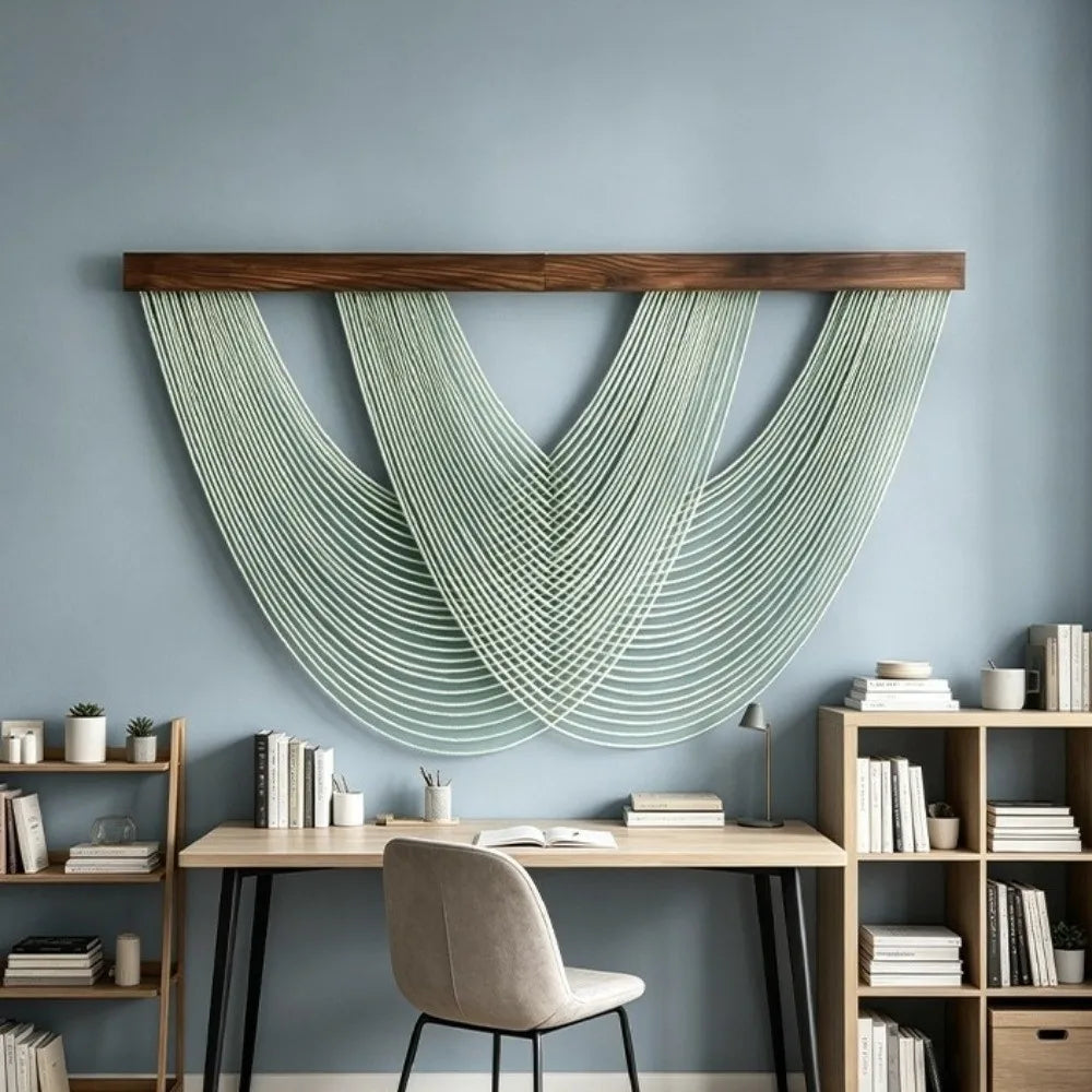 A bohemian macrame wall tapestry featuring light mint green cord hanging above a wooden desk.