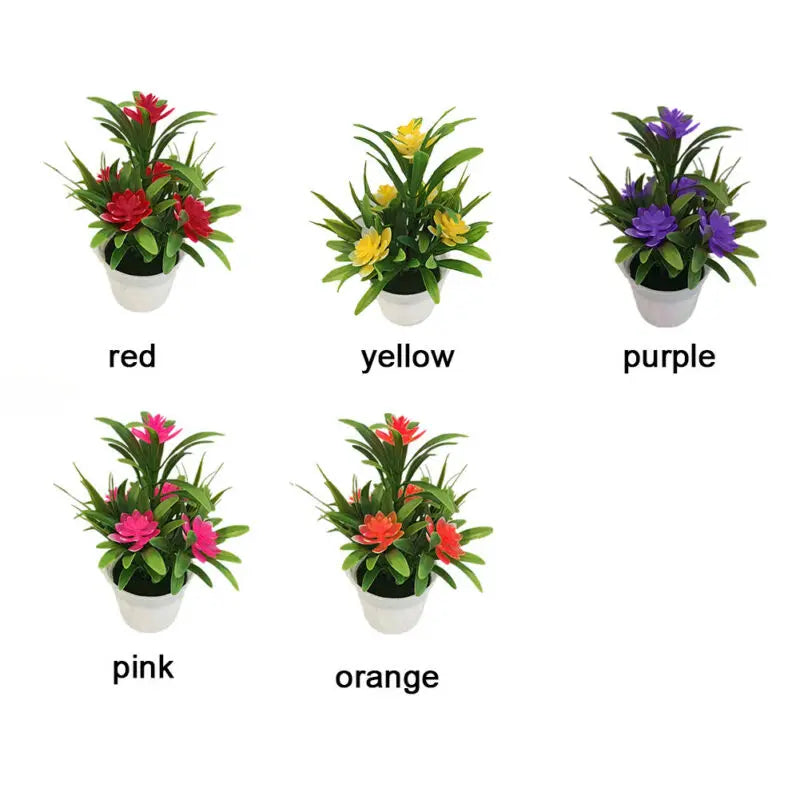 A collection of artificial lotus flowers in various colors including red, yellow, purple, pink, and orange potted for desk de