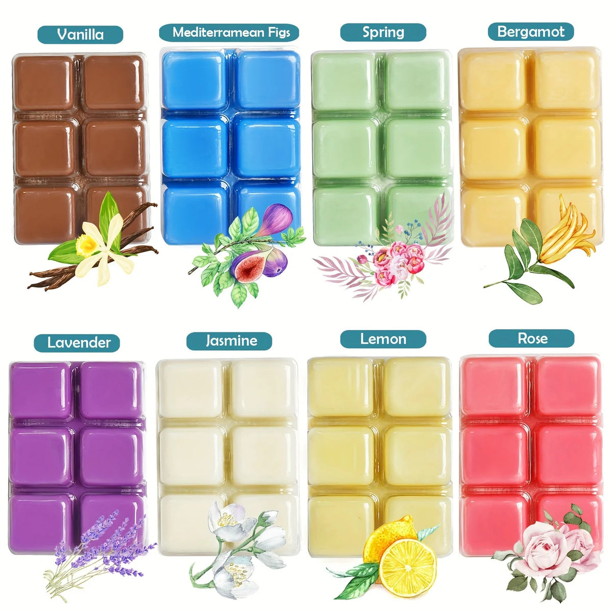 A collection of hand-poured soy wax aromatherapy gift sets featuring various scents like Vanilla, Mediterranean Figs, Spring,