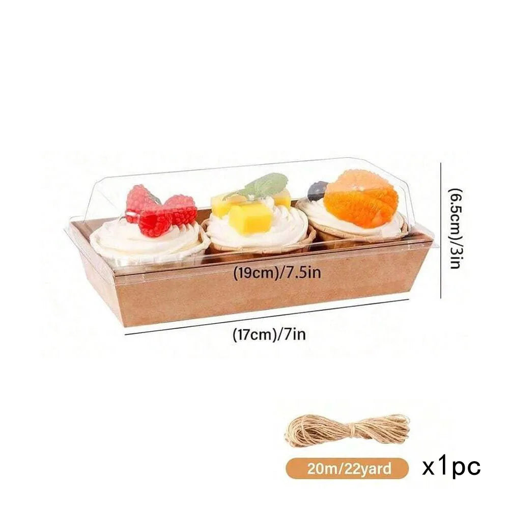A set of minimalist kraft sandwich boxes containing various pastries and bread items.