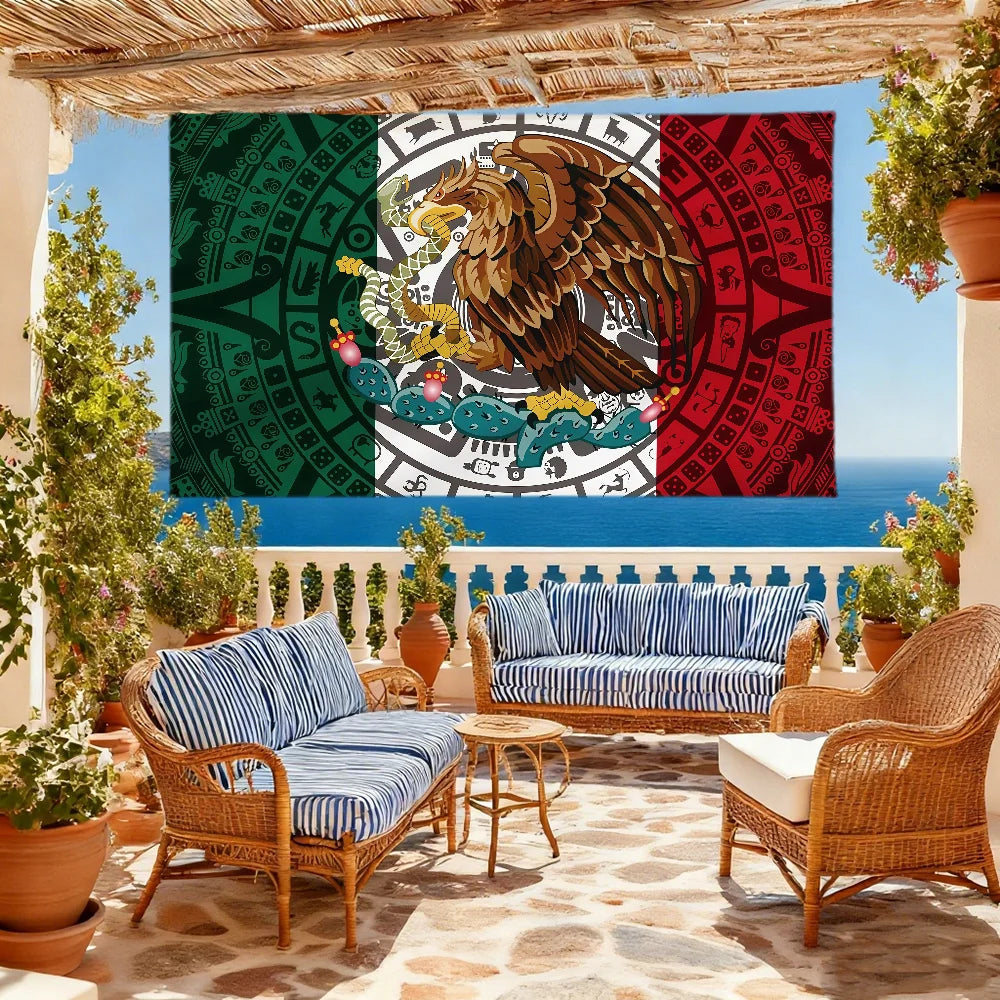 A decorative banner featuring the Mexican flag colors and an eagle design displayed in an outdoor living area.