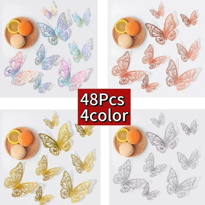A collection of 48 decorative 3D butterfly wall stickers in various colors and finishes displayed on a white background.