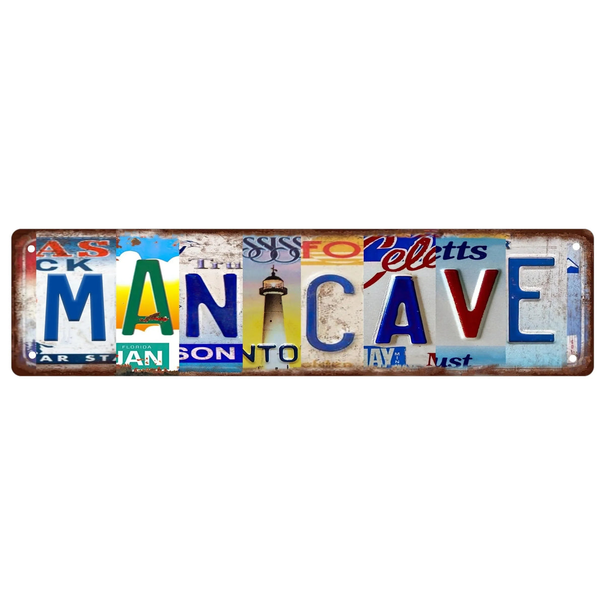 Vintage humorous lowrider metal tin sign for man cave with various text and imagery