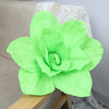 A vibrant lime green foam rose flower in a full bloom displayed on a wooden surface.