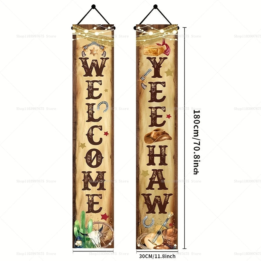 A vertical banner featuring the word WELCOME spelled out in rustic lettering with cowboy and western themed decorations