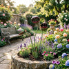 A decorative metal garden stake with three flower heads growing in a stone planter surrounded by lush flowers.