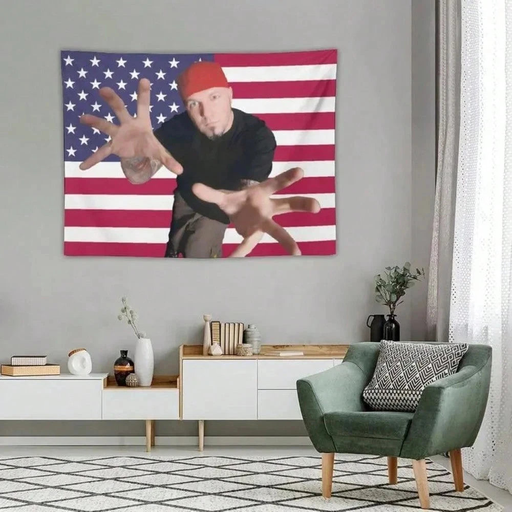 A tapestry wall decor featuring a distressed American flag with a hand gesture design.