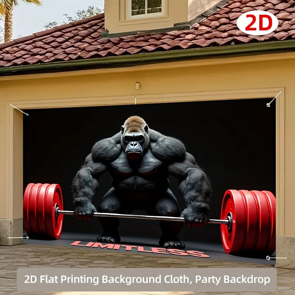 A muscular gorilla figure is displayed in a black background for a 2D flat printing party backdrop.