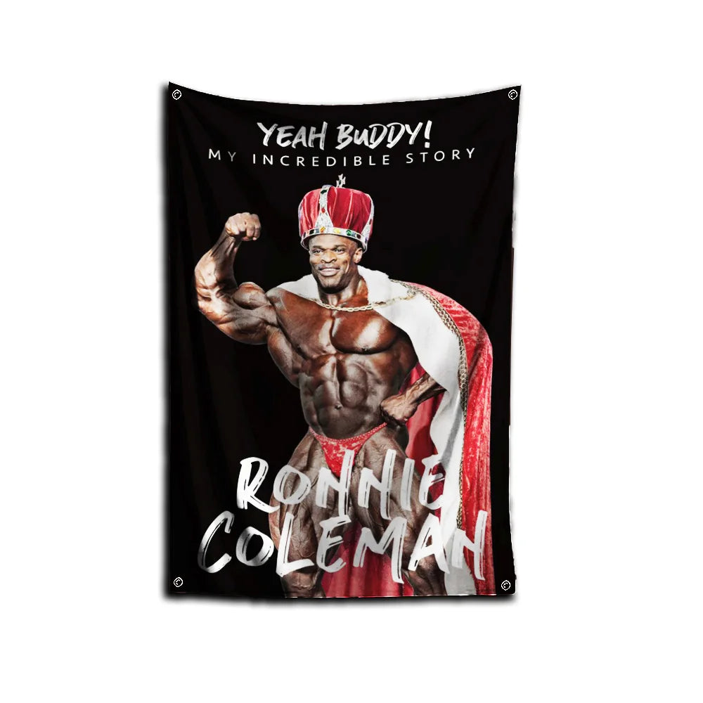 A black flag featuring a muscular man with a red turban and gold chain, celebrating his incredible story.