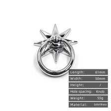 A silver solid brass star pendant cabinet knob with an antique finish.