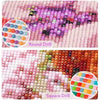 Diamond painting kit showing a pink and purple spiritual Buddha design with round and square drills