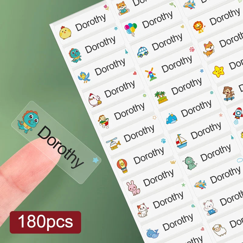 A close-up of many custom waterproof name stickers featuring the name Dorothy for kids' belongings.