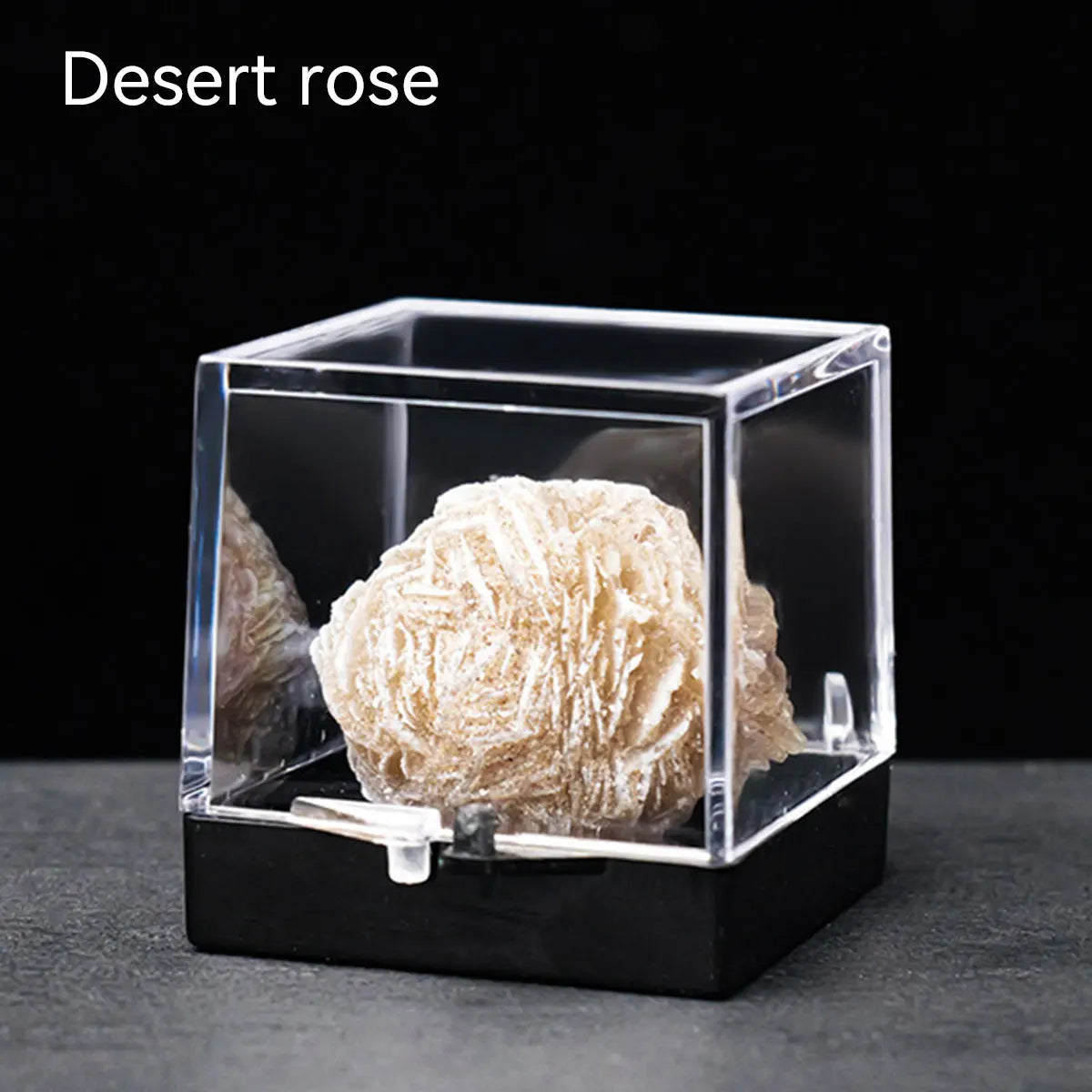 A clear display box holds a rough, light beige desert rose crystal specimen.