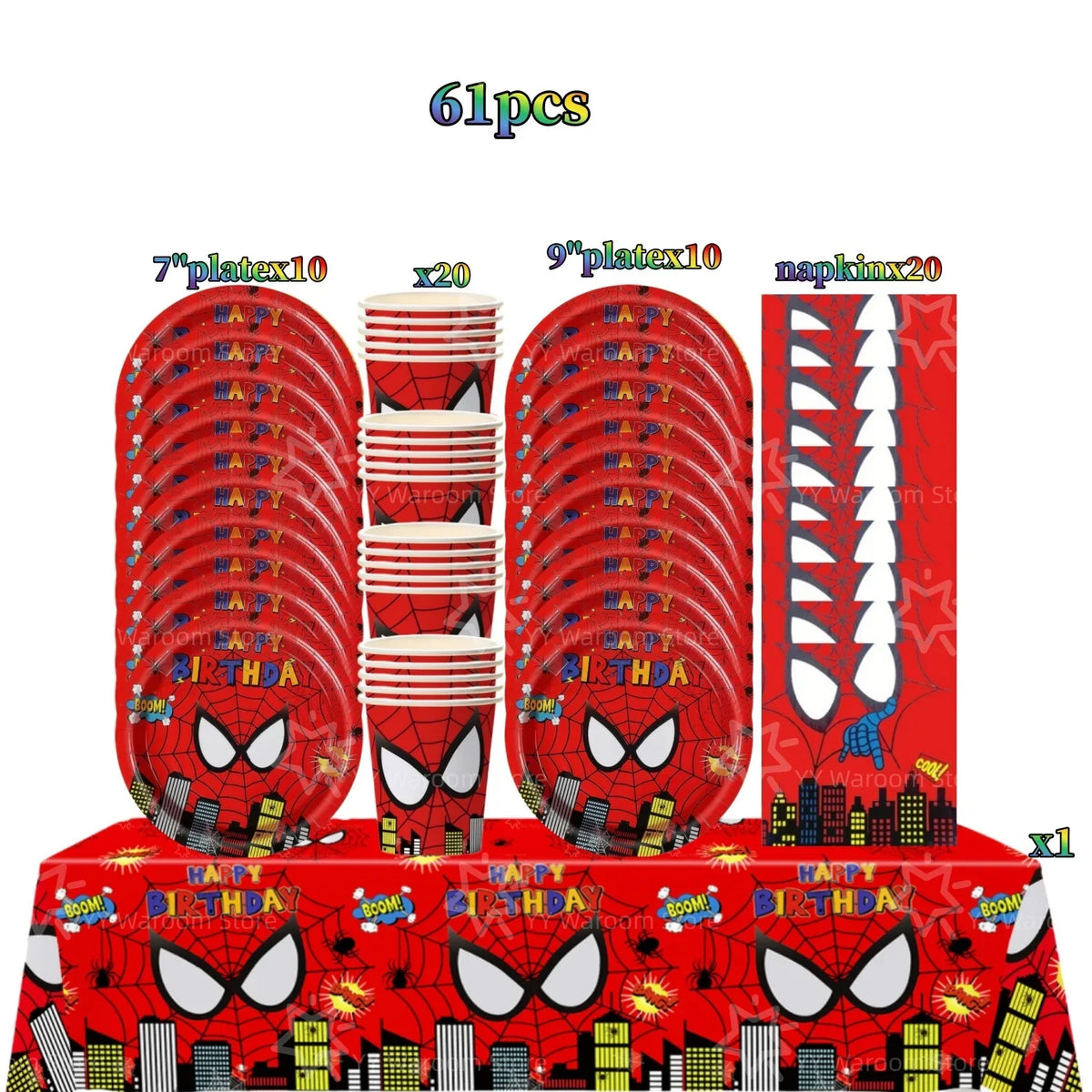 A set of 61 pieces of red and black superhero themed party tableware including plates and cups.