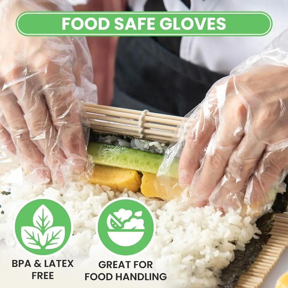 A pair of disposable food safe gloves is shown handling a bento box filled with rice and food.