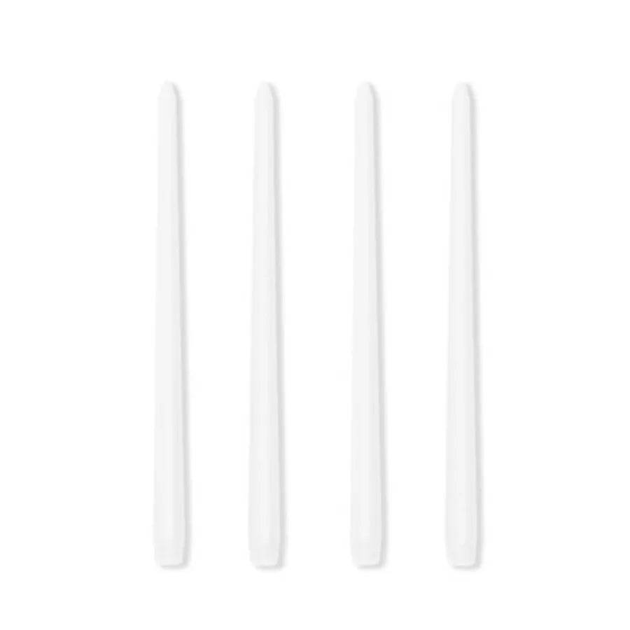 Four white gradient color long taper candles arranged vertically.