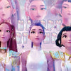 A collage of four stylized female characters with pink and purple hair and white outfits for a birthday party backdrop.