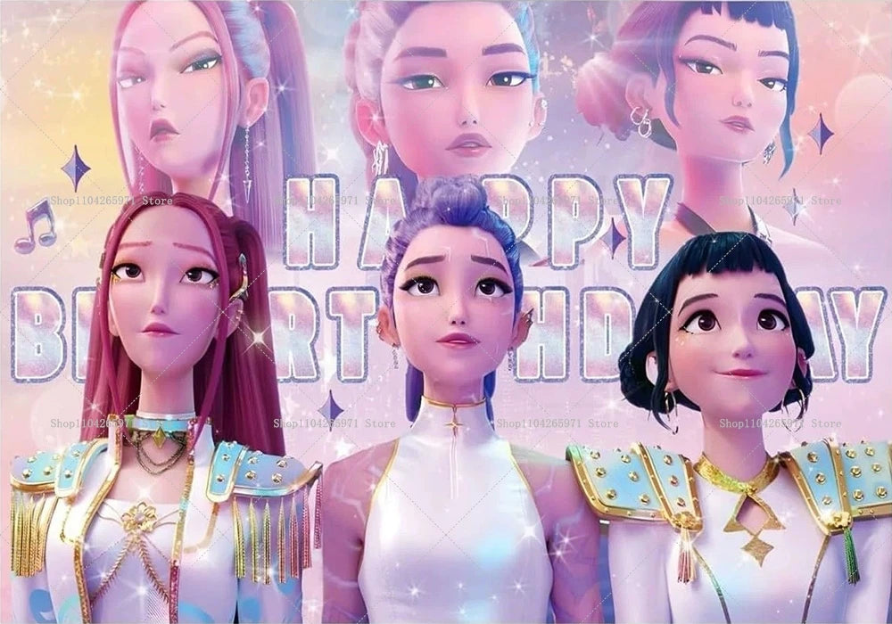 A collage of four stylized female characters with pink and purple hair and white outfits for a birthday party backdrop.