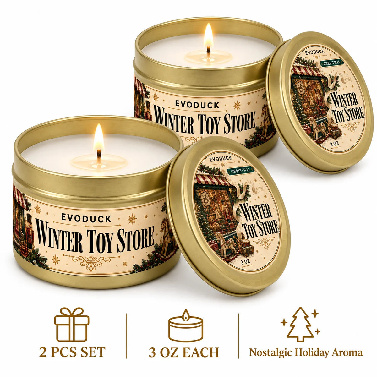 A set of two Evoduck Winter Toy Store scented candles in gold tins with a gift box and card