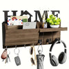 Rustic wooden wall key holder featuring a shelf and seven hooks for keys and accessories.