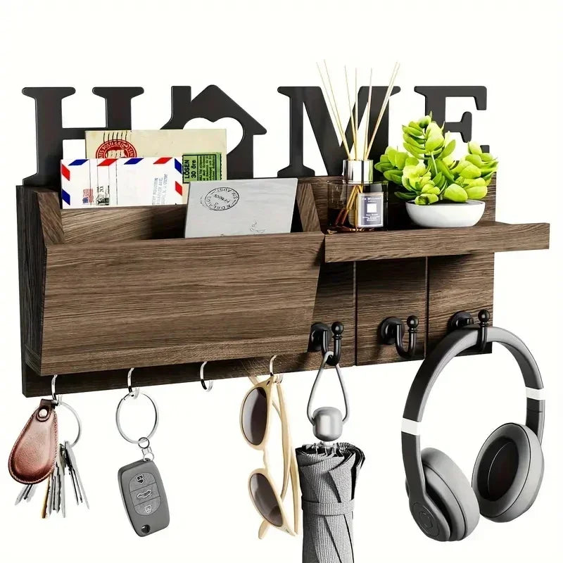 Rustic wooden wall key holder featuring a shelf and seven hooks for keys and accessories.