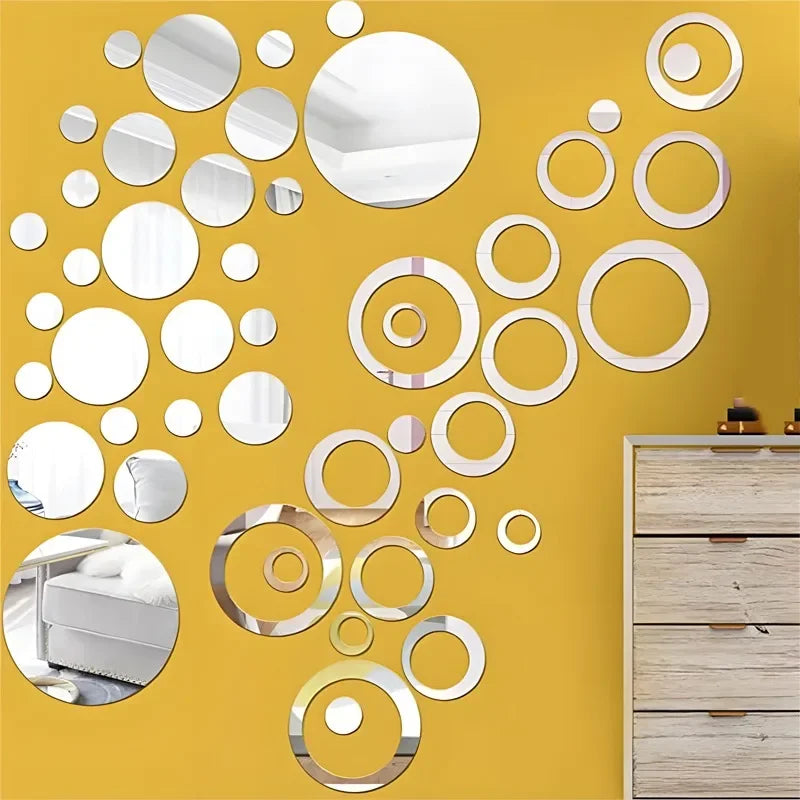 Yellow wall decorated with various size and shape acrylic mirror stickers