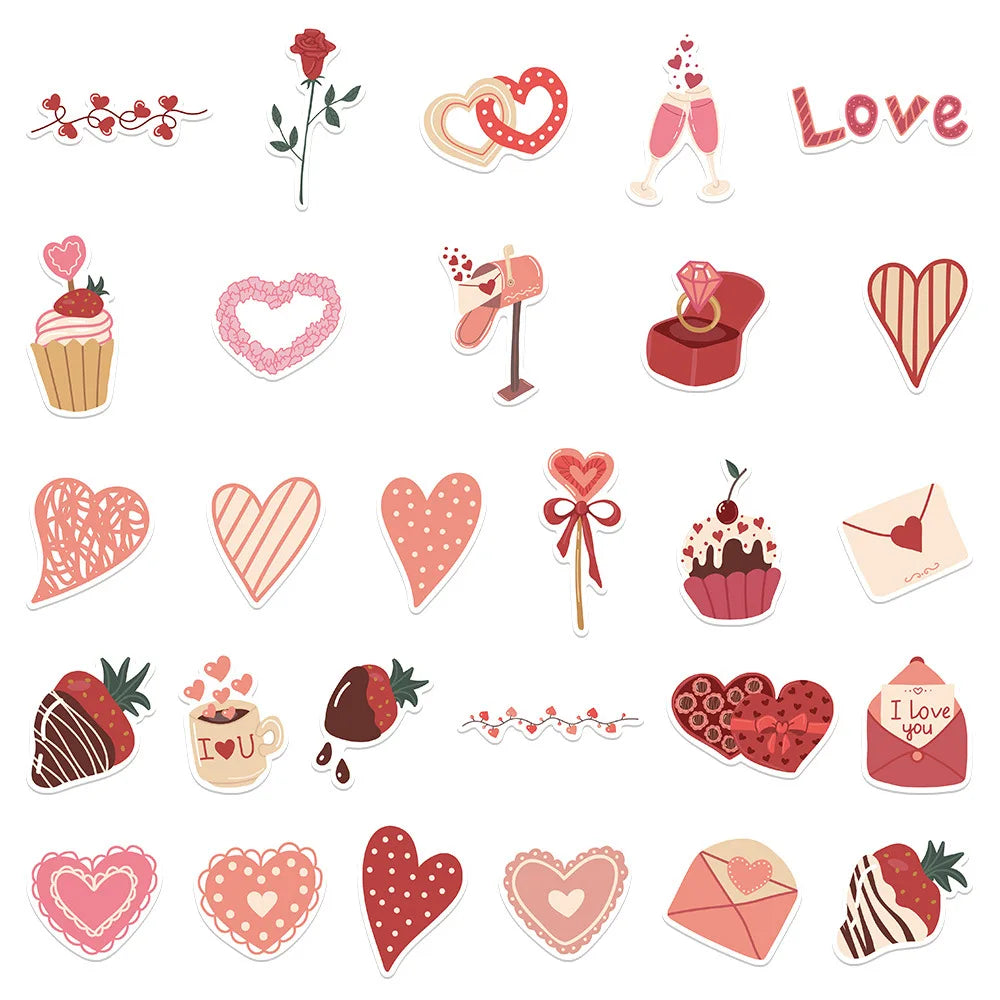 A collection of various love-themed decorative stickers including hearts, roses, and other romantic designs.