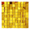 A grid of square, reflective gold and copper glitter panels used as a wall backdrop.