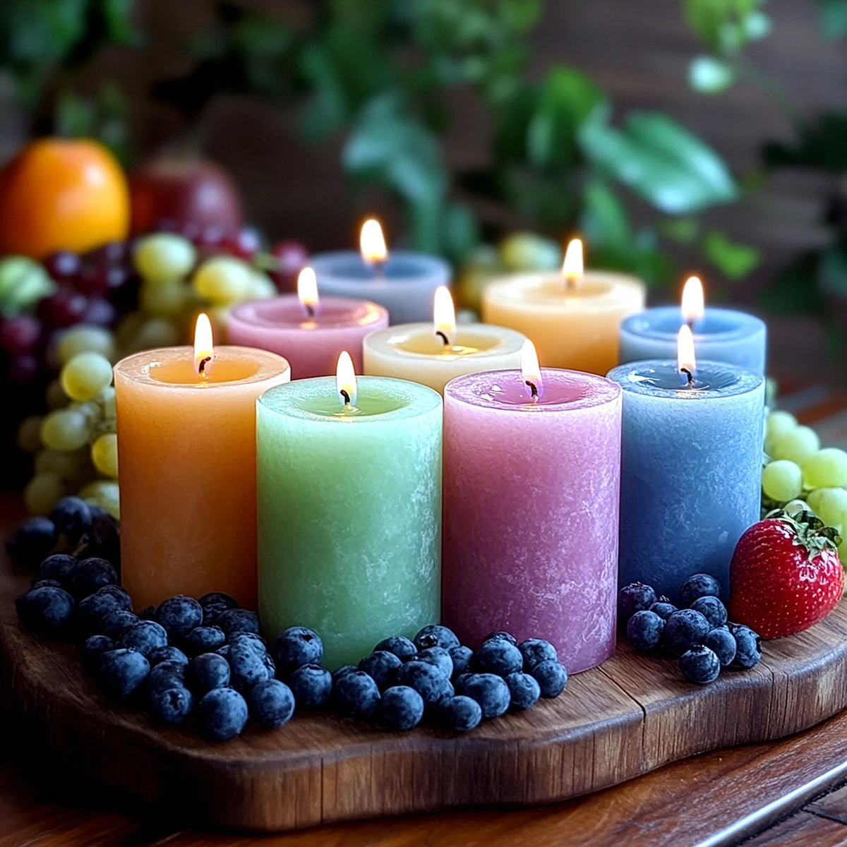 A collection of colorful wax candles in various shades, including orange, green, pink, and blue, set on a wooden board.