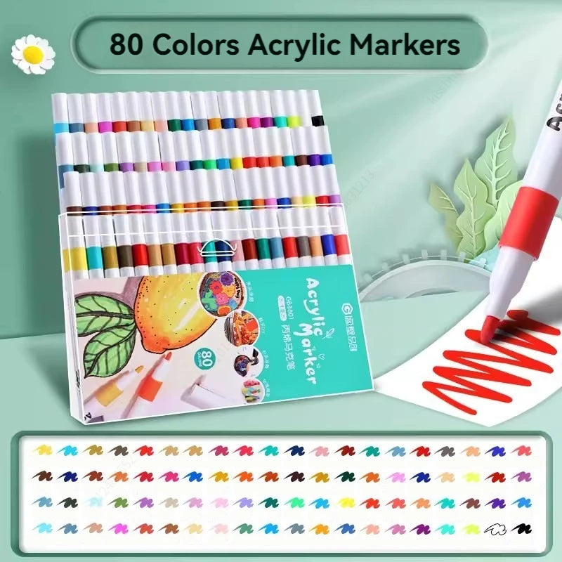 A set of 80 colored acrylic markers arranged in a plastic case, ready for DIY art projects.