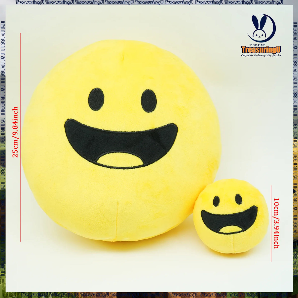A yellow, smiling plush doll with black features is shown against a white background.