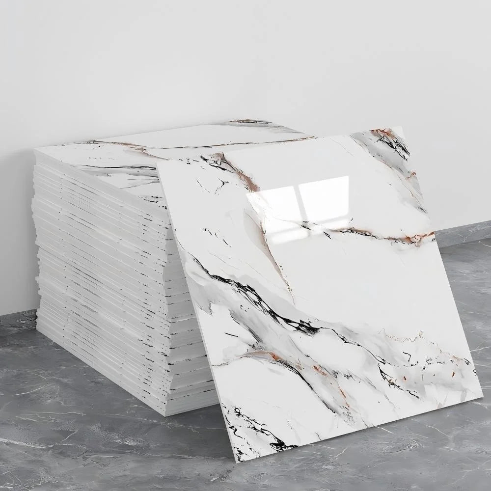 A stack of white marble tile stickers featuring natural gray and brown veining on a gray background.