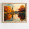 Oil painting of an autumn field landscape featuring vibrant orange and yellow trees reflected in calm water.