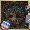 A dark brown velvet tablecloth featuring a gold-toned tree root design and foliage patterns.