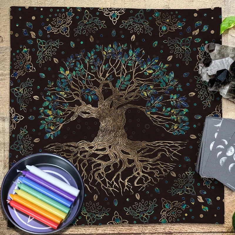 A dark brown velvet tablecloth featuring a gold-toned tree root design and foliage patterns.