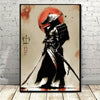 A vertical canvas wall art depicting a silhouette of a samurai warrior against a fiery red sun background.
