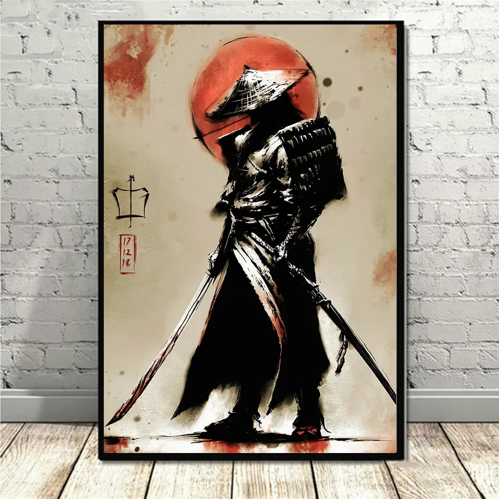 A vertical canvas wall art depicting a silhouette of a samurai warrior against a fiery red sun background.