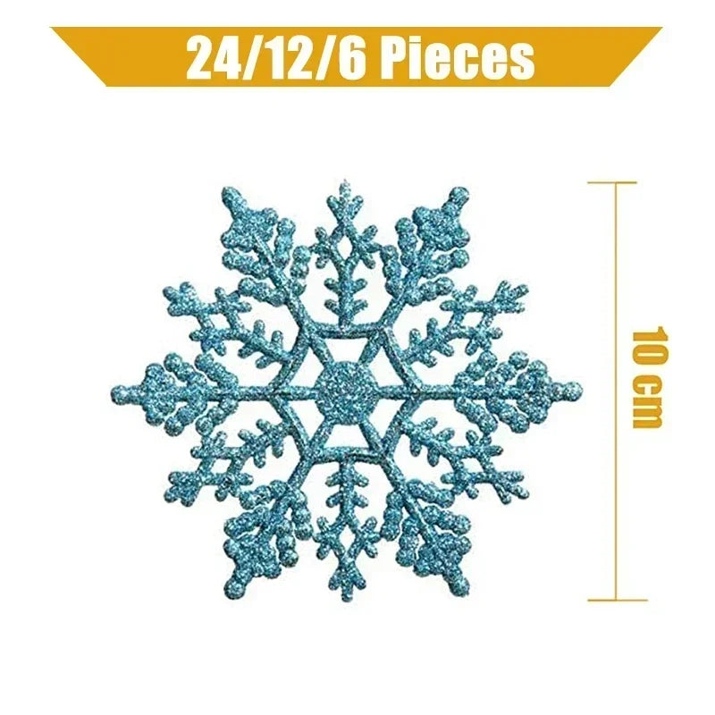 A detailed image of a 24/12/6 piece snowflake ornament set made of shimmering blue glitter.