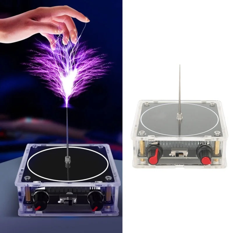 A hand is generating a purple electrical spark from an arc plasma music coil device.