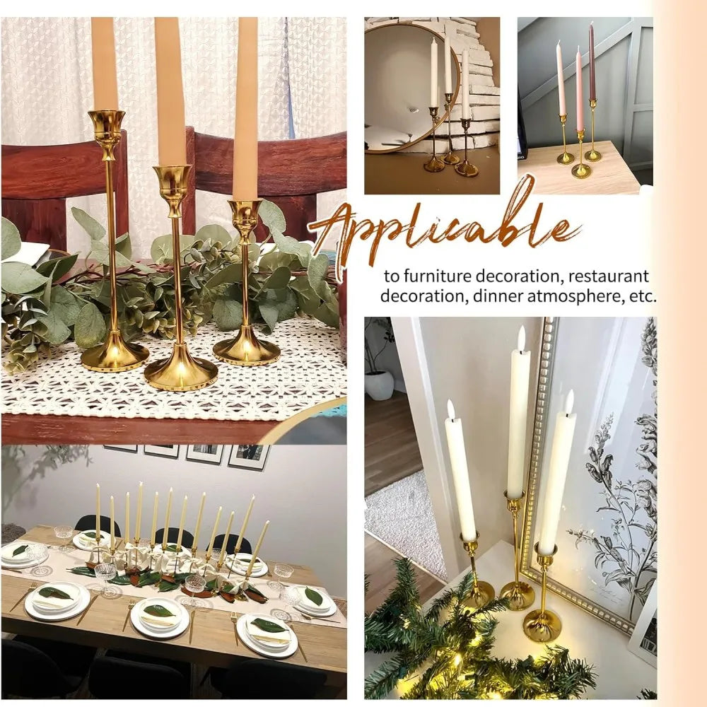 A set of three vintage European style metal candle holders with tall white candles displayed on a wooden table.