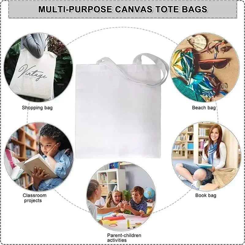 A collection of multi-purpose canvas tote bags shown in various uses like shopping, beach, classroom projects, and book carry