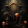 A dark, intricate gothic castle silhouette with skeletal branches and skulls on a canvas print.
