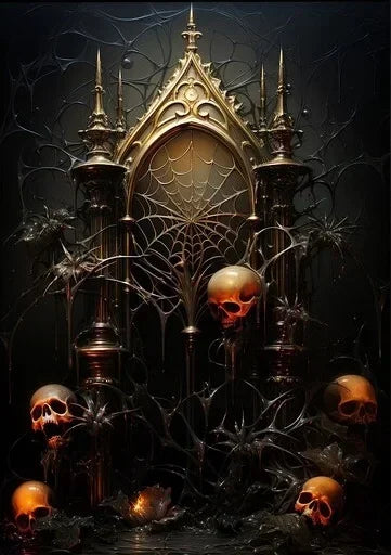 A dark, intricate gothic castle silhouette with skeletal branches and skulls on a canvas print.