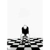 A black and white illustration of a person sitting on a chair in a checkered pattern.