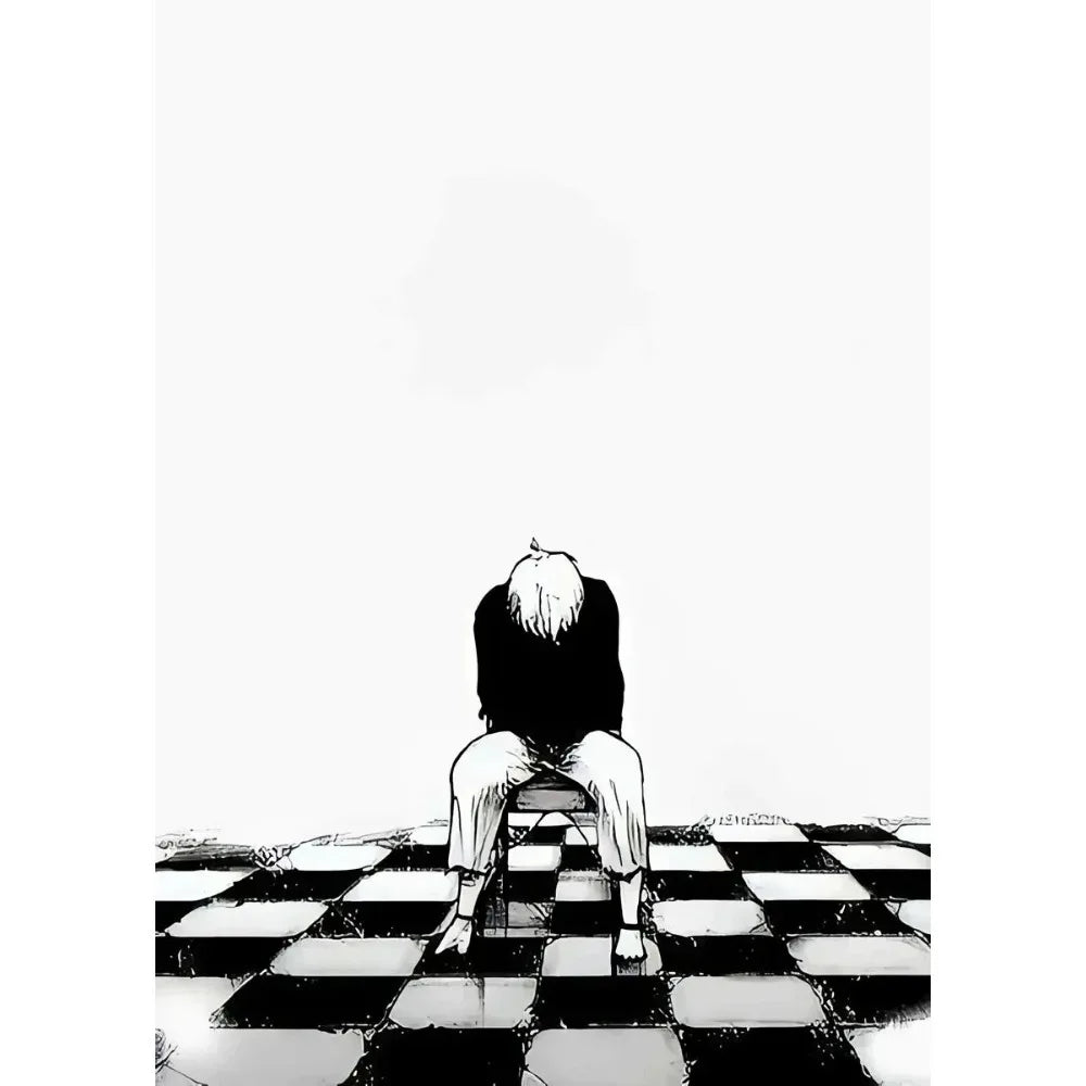 A black and white illustration of a person sitting on a chair in a checkered pattern.