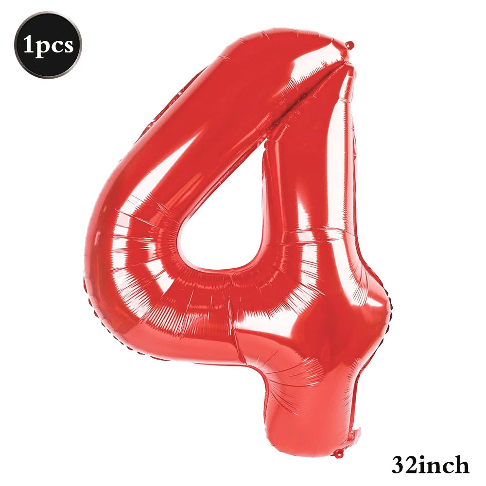 A red foil balloon shaped like the number 4, indicating a 32-inch size.