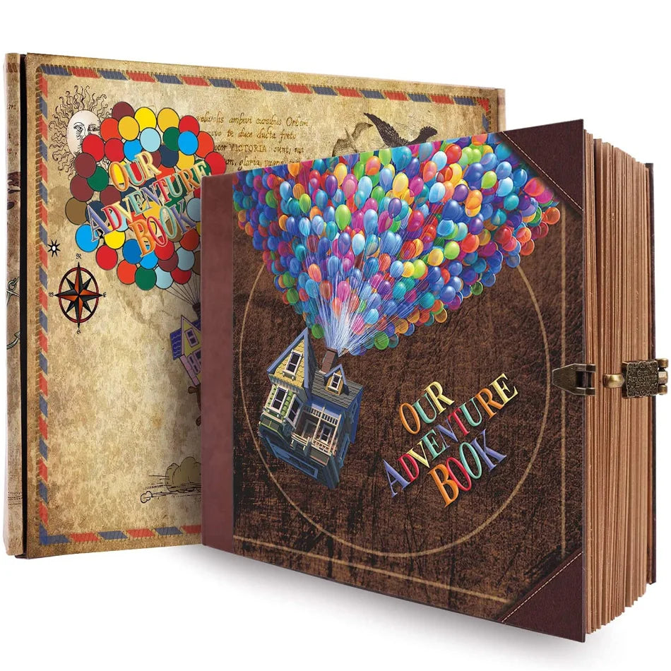 A handmade photo scrapbook album with a cover featuring colorful balloons and an adventure theme.