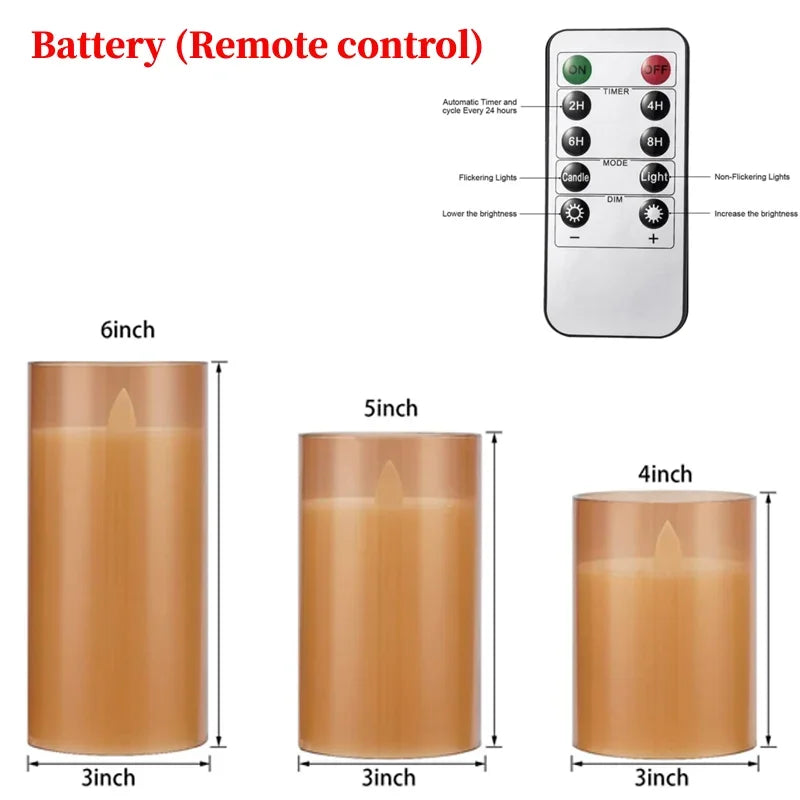 A set of LED flickering glass pillar candles in various sizes with a remote control timer.