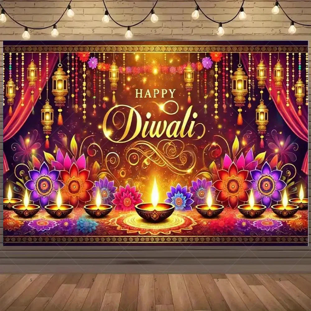 A vibrant Diwali backdrop featuring golden lanterns, colorful lights, and floral designs for festive celebrations.
