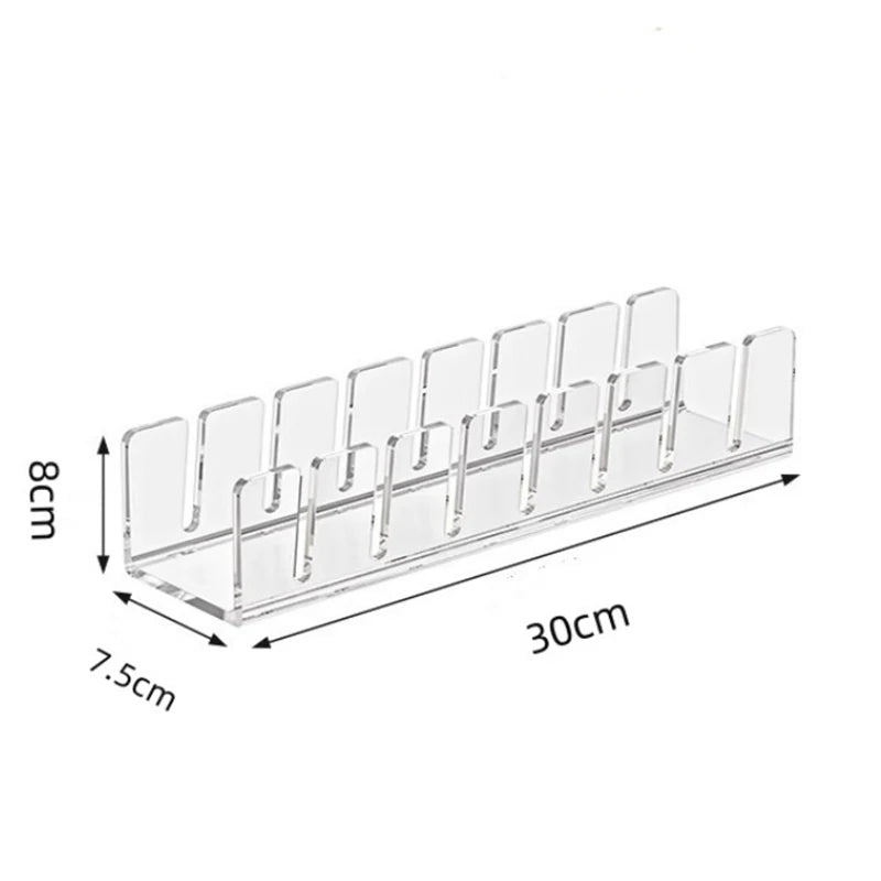 Clear acrylic hat storage rack with 13 slots, measuring 8cm by 30cm.